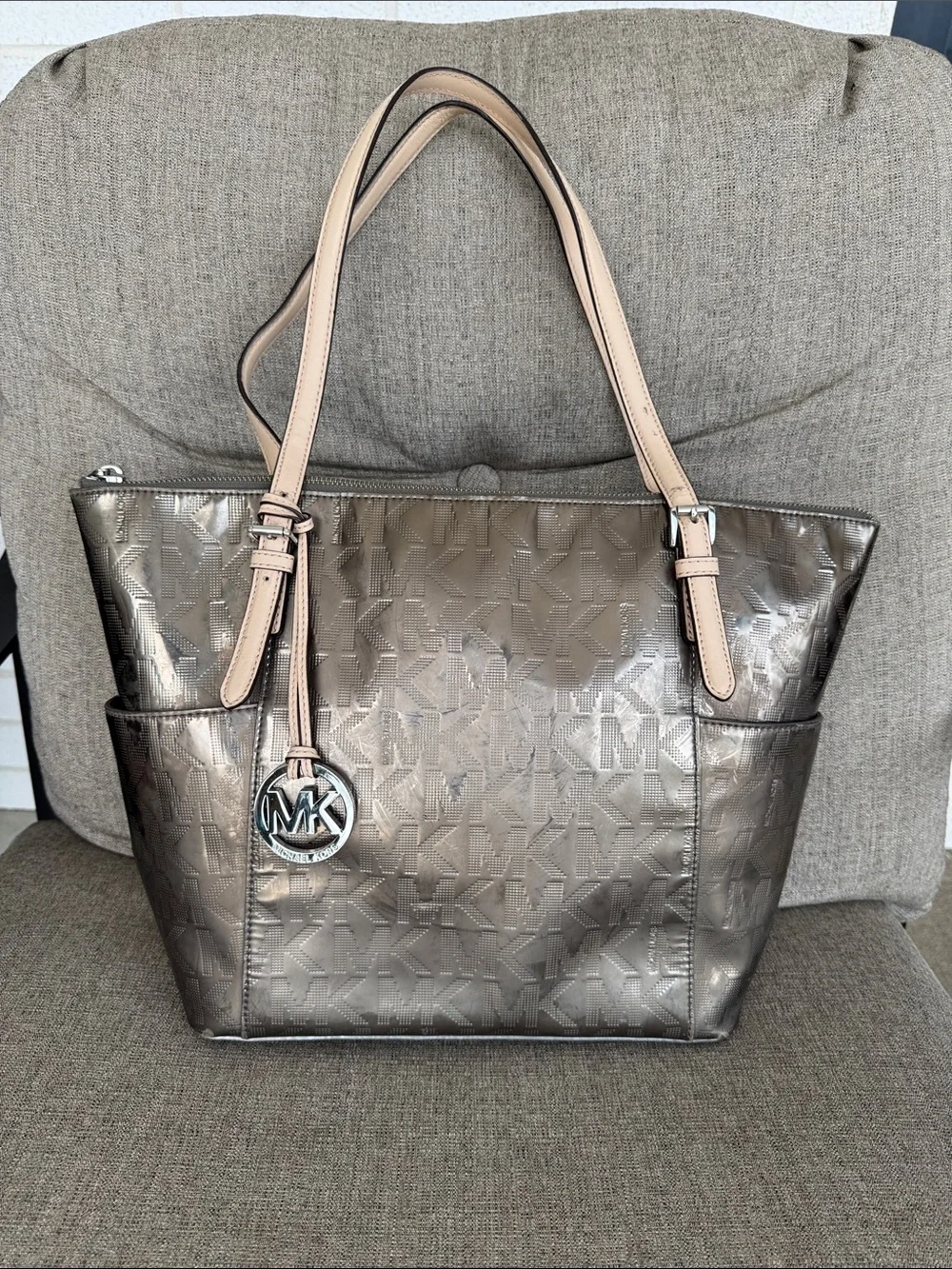 Michael Kors Metallic Bronze MK Tote with Tan Straps and Charm